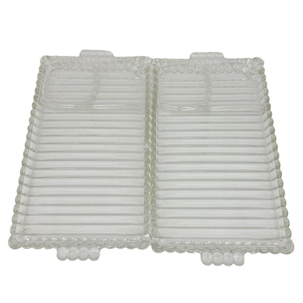 2 Vintage Hazel Atlas Ball & Ribbed Sip & Smoke Snack Trays 1305 10 7/8" EUC